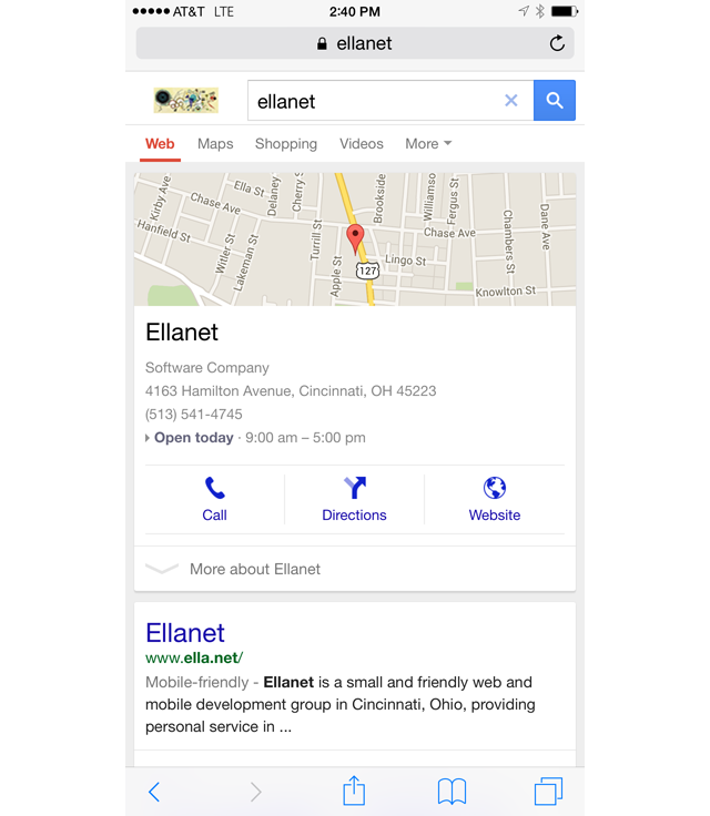 Screenshot of Google search on iPhone for Ellanet, Cincinnati Ohio mobile programming
